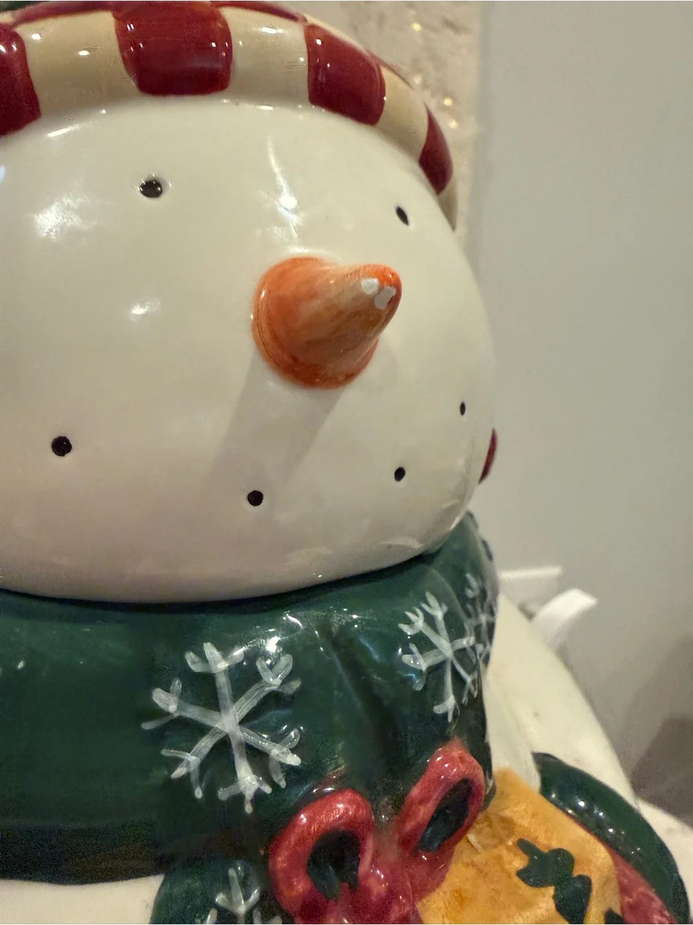 Holiday Snowman Ceramic Figurine with Green Scarf and Red Mittens